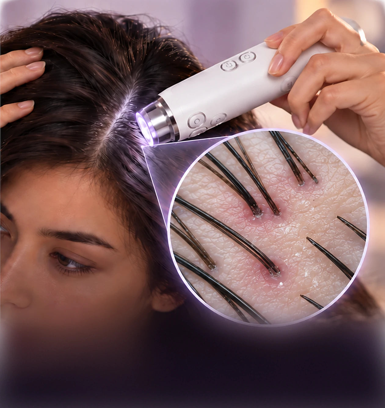 A woman using the white Lushair Pro with a magnified scalp view beside it
